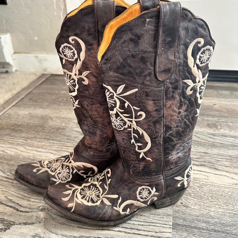 Old Gringo Chocolate Brown Cream Floral Embroidered Cowboy Cowgirl Boots Boho 8